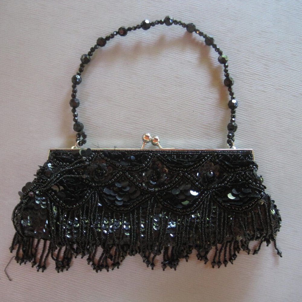 VINTAGE Black Evening Bag/clutch BEADED STRAP, Kiss clasp closure
